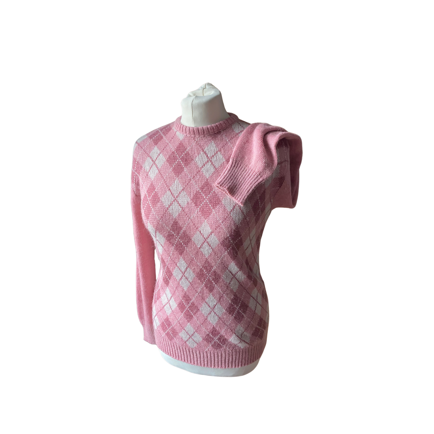 Soft and cosy pink argyle 90s sweater with ribbed crew neck