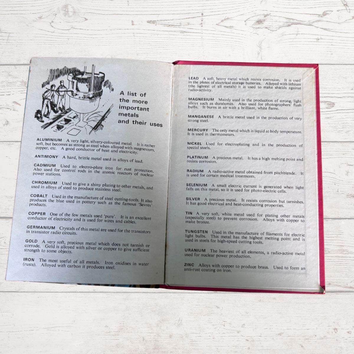 An open vintage book oshowing printed metal-use tables and a black-and-white illustration, photographed on a light wood surface