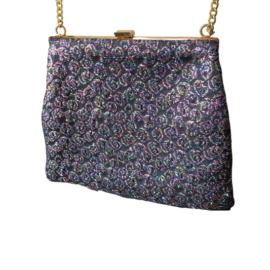 Vintage sparkly rainbow floral fabric evening bag with gold clip frame. Perfect Christmas accessory. Gift idea