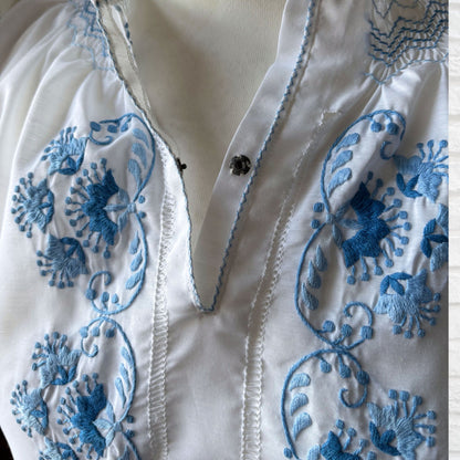 White Vintage Peasant Style Blouse with Blue Floral Embroidery. Approx UK size 8-10