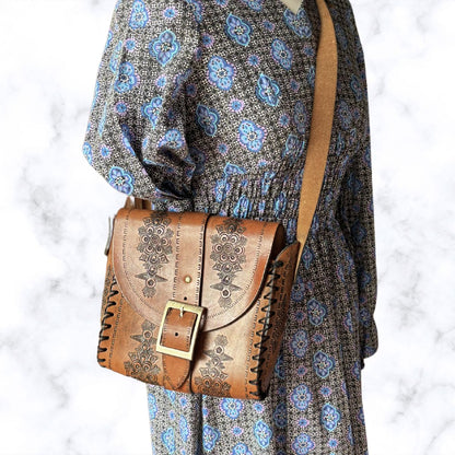 70s Boho Brown Tooled Leather Vintage Shoulder Bag with Buckle Fastening