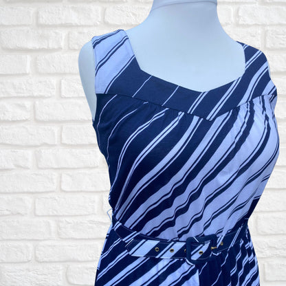 80s Navy Blue and White Striped Cotton Vintage Sundress with Matching Belt. Approx UK size 14-16