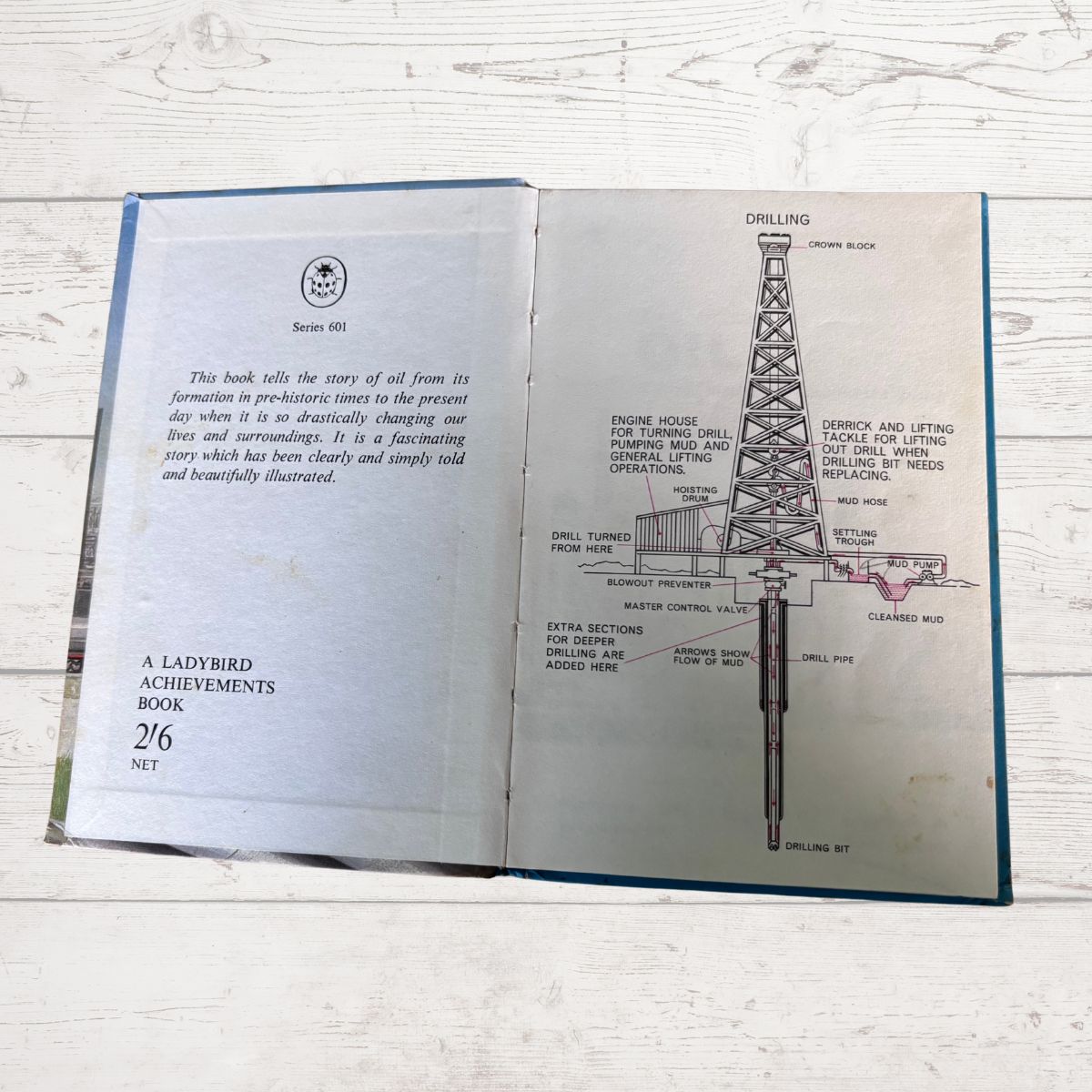 An open vintage children's book showing printed pages with text on the left and a labeled drilling diagram on the right, placed on a white wooden surface.