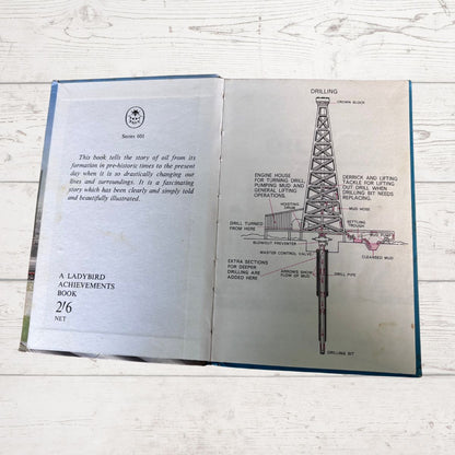 An open vintage children's book showing printed pages with text on the left and a labeled drilling diagram on the right, placed on a white wooden surface.