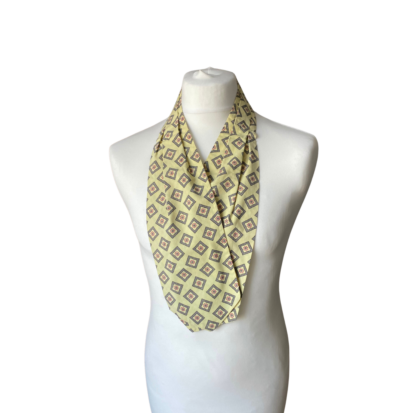 Mod style pale yellow, grey blue and red print vintage cravat by British brand Duggie