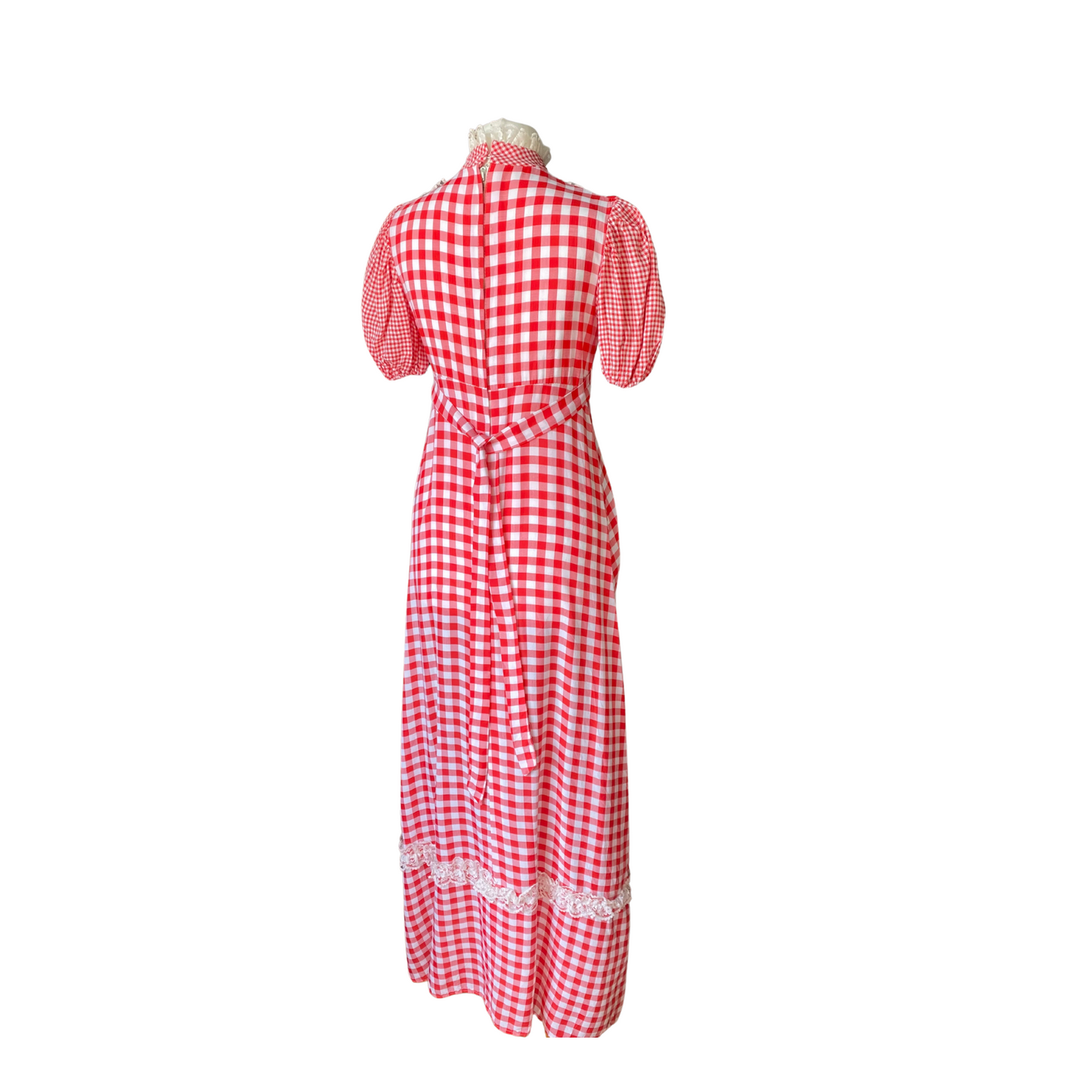 70s red and white gingham, puffed sleeved maxi dress. Approx U.K. size 8
