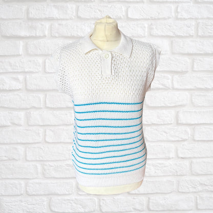 80s Vintage White and Blue Striped Summer Top. Approx UK size 8-10