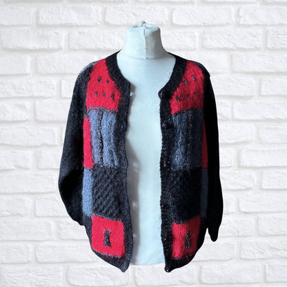 Black, red and grey mohair blend fluffy 80s cardigan worn open 