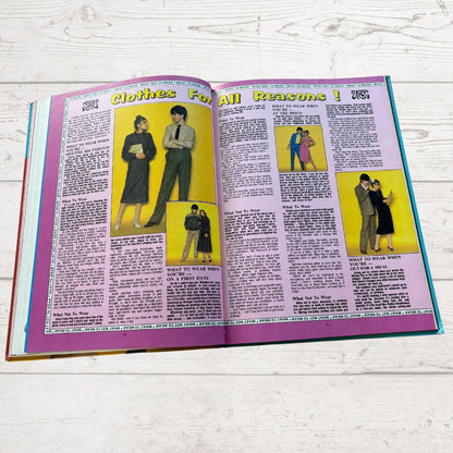 Open book with fashion advice on a wooden surface