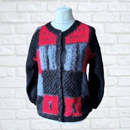 Black, red and grey mohair blend fluffy 80s cardigan buttoned up 