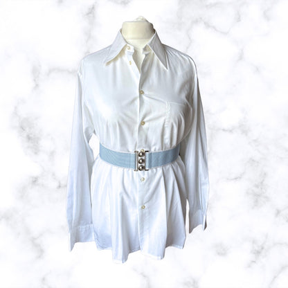 Vintage 80s Blue and White Striped Stretch Waist Belt with Metal Clasp. Approx UK size 20-22