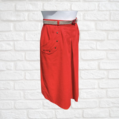 80s Red Vintage Midi Skirt with Contrasting Belt.Approx UK size 8-10