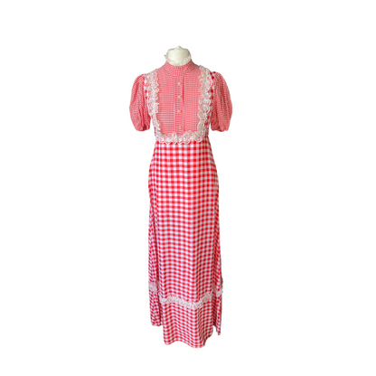 Red and white gingham vintage maxi dress with short puffed sleeves . White lace detail on the bodice and the hem 