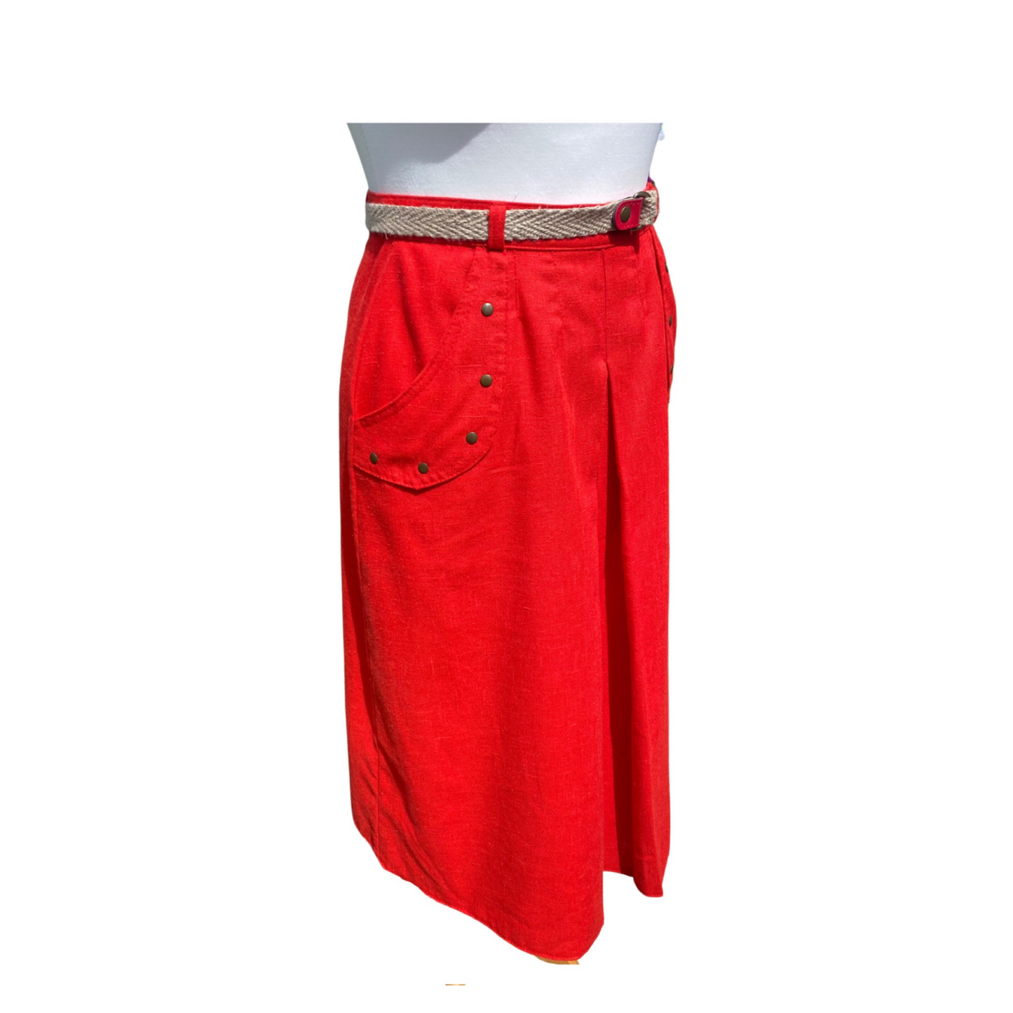 80s red midi skirt with matching jute belt. Approx UK size 8-10
