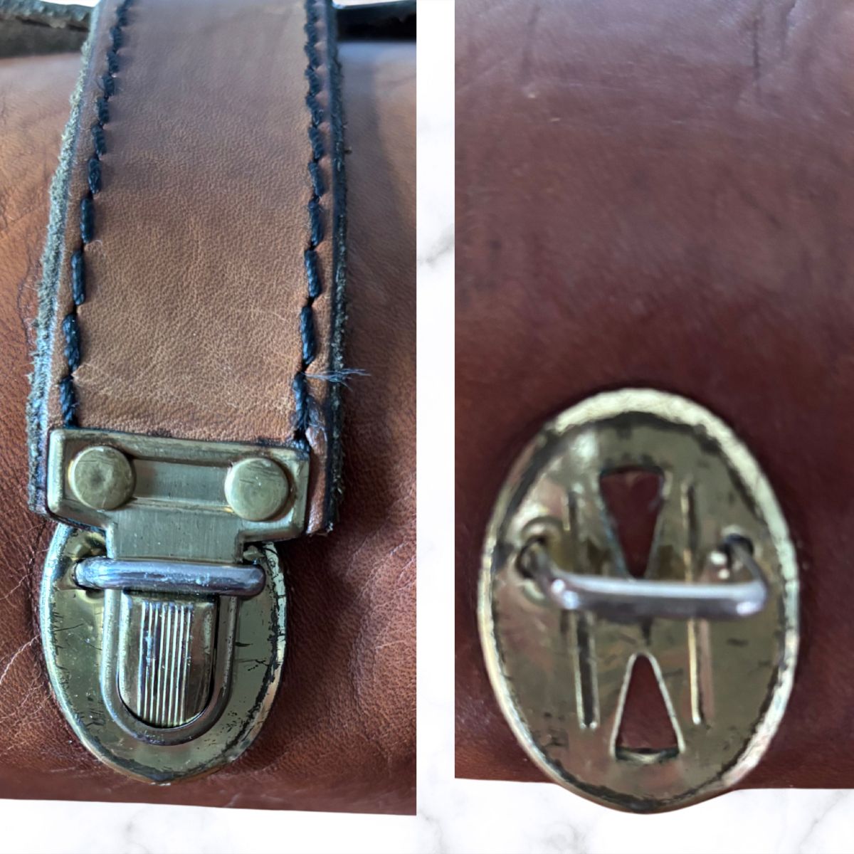 Close-up of a brown leather strap with a brass buckle on the left and an oval metal emblem on the right, shown in a two-panel detail view.
