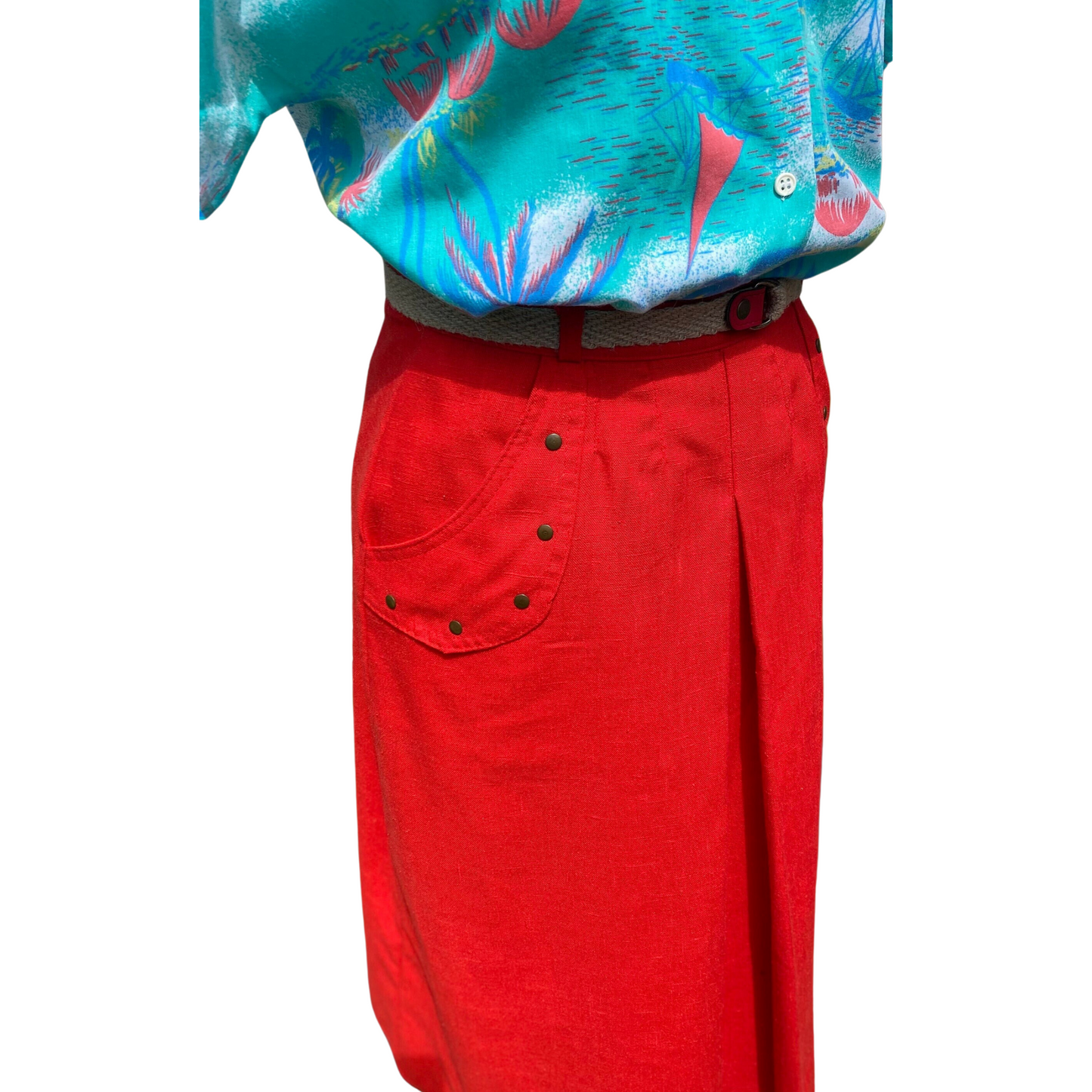 80s red midi skirt with matching jute belt. Approx UK size 8-10