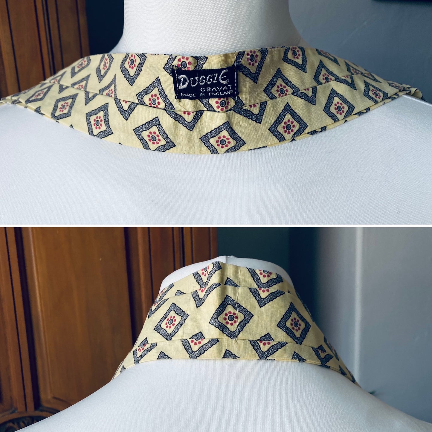 Mod style pale yellow, grey blue and red print vintage cravat by British brand Duggie