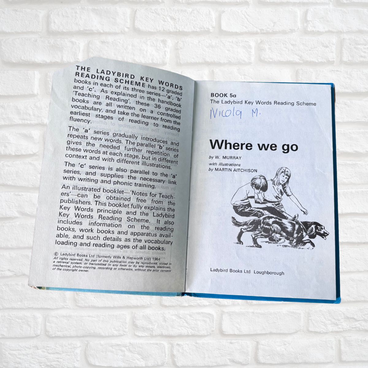 Open book with text and illustration on a white brick background