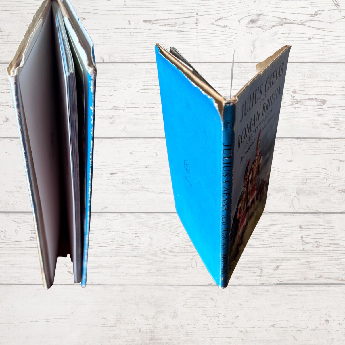  vintage hardcover book standing upright on a white wood plank surface. One book is open to show the interior pages, and the other is slightly closed, showing a bright blue spine with gold lettering that reads 'JULIUS CAESAR: ROMAN HISTORY'.