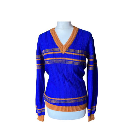 Blue and orange v neck jumper with ribbed details - vintage Fashion 