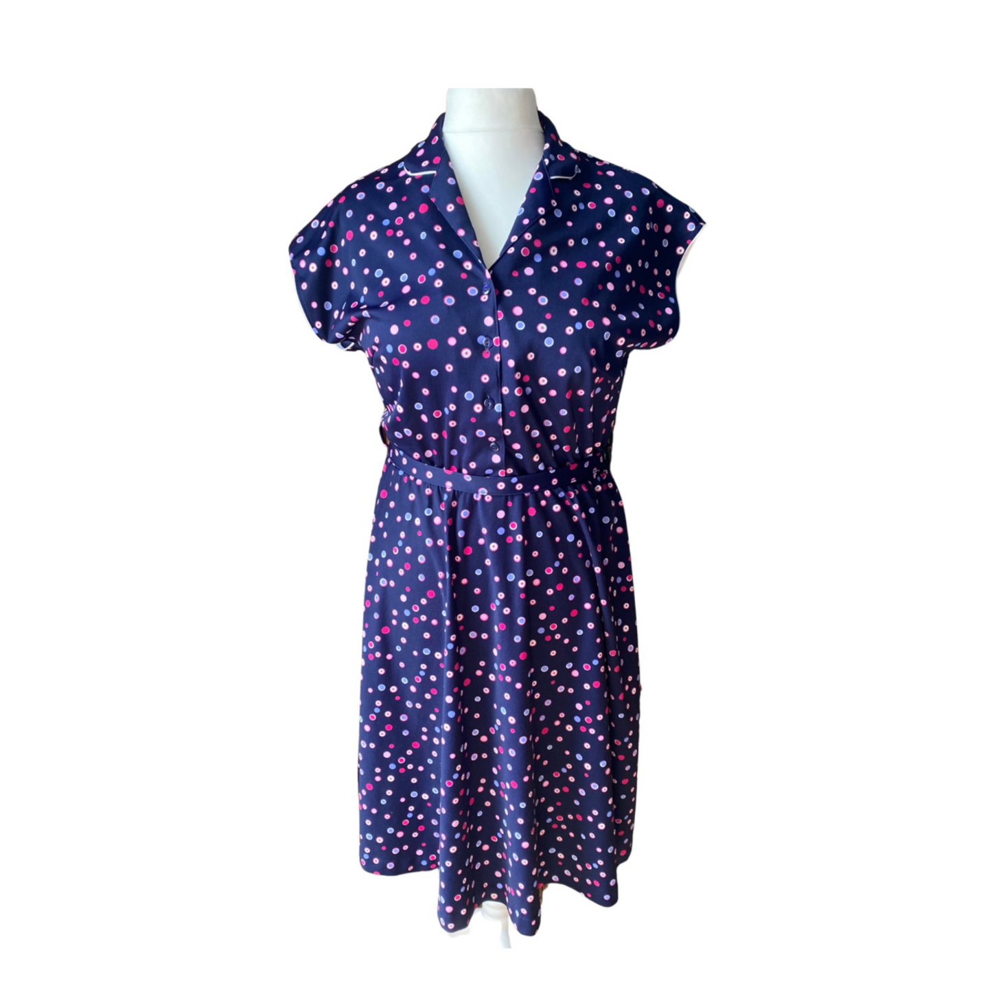80s navy blue purple and pink polka dot dress. Approx U.K. size 14 16 Bristol Betty Vintage