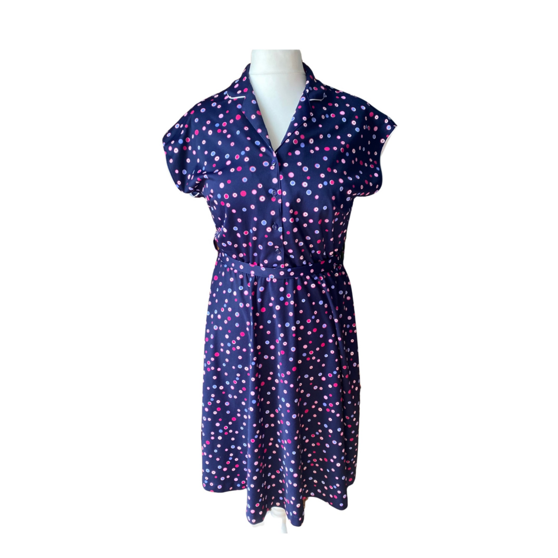 80s navy blue purple and pink polka dot dress. Approx U.K. size