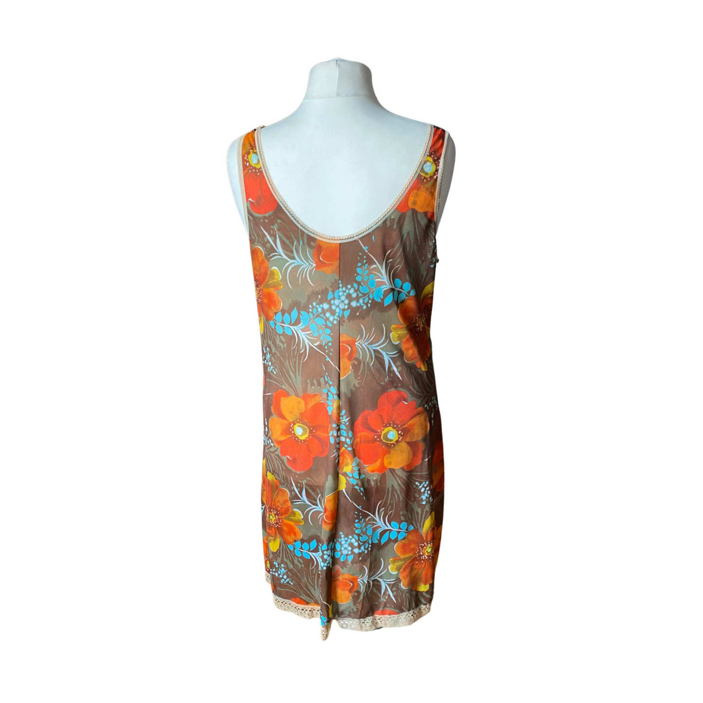 70s orange flower print, lace trimmed slip dress. Approx UK size 18-20