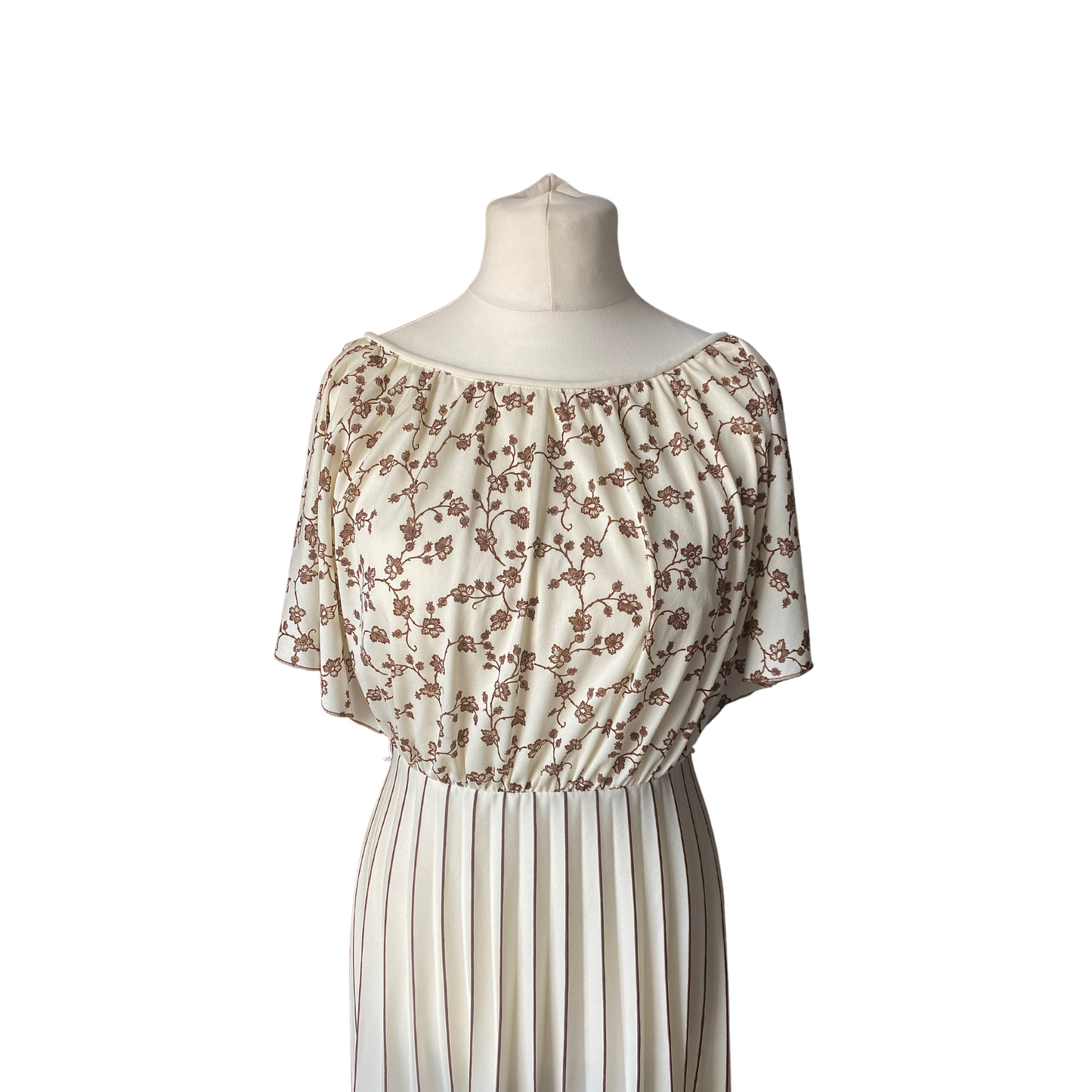 80s cream and brown midi dress with floral bodice and angel sleeves.  Approx U. K. size 10 -12
