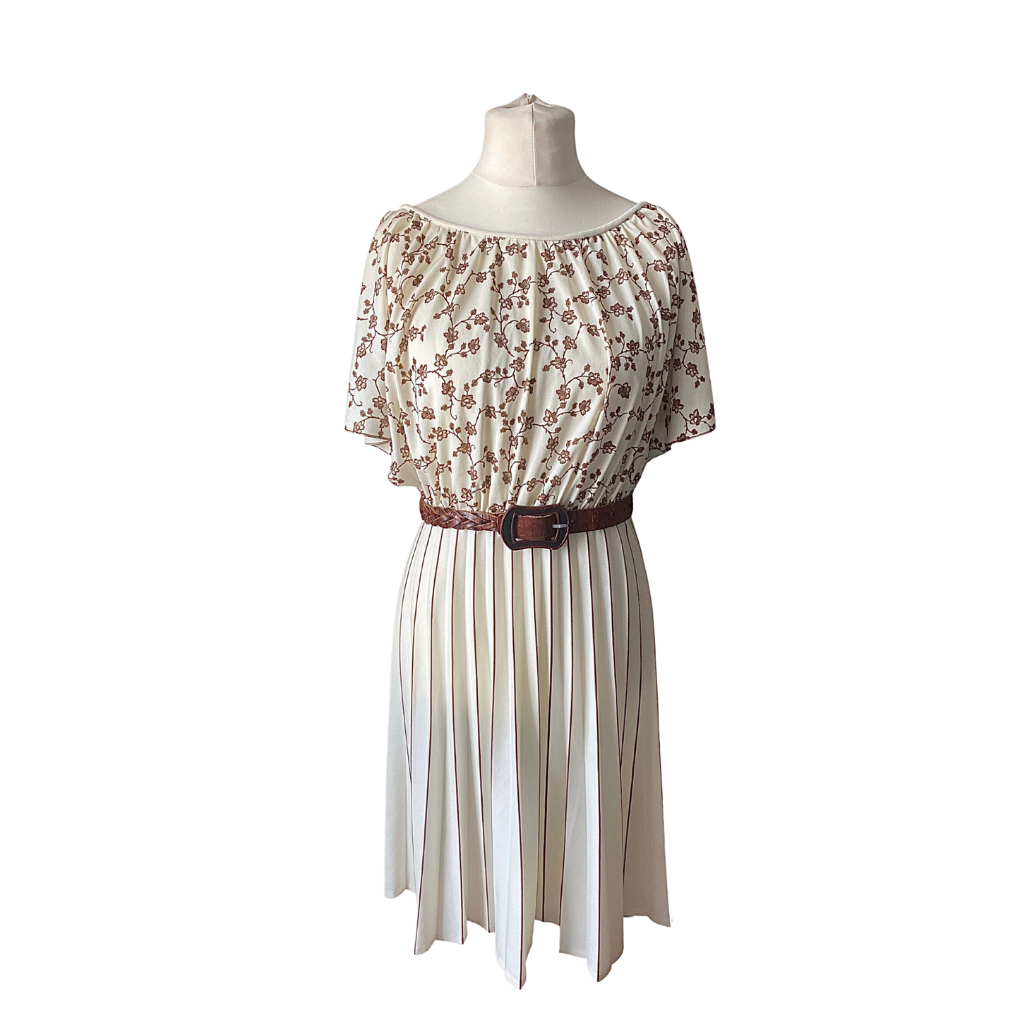 80s cream and brown midi dress with floral bodice and angel sleeves.  Approx U. K. size 10 -12