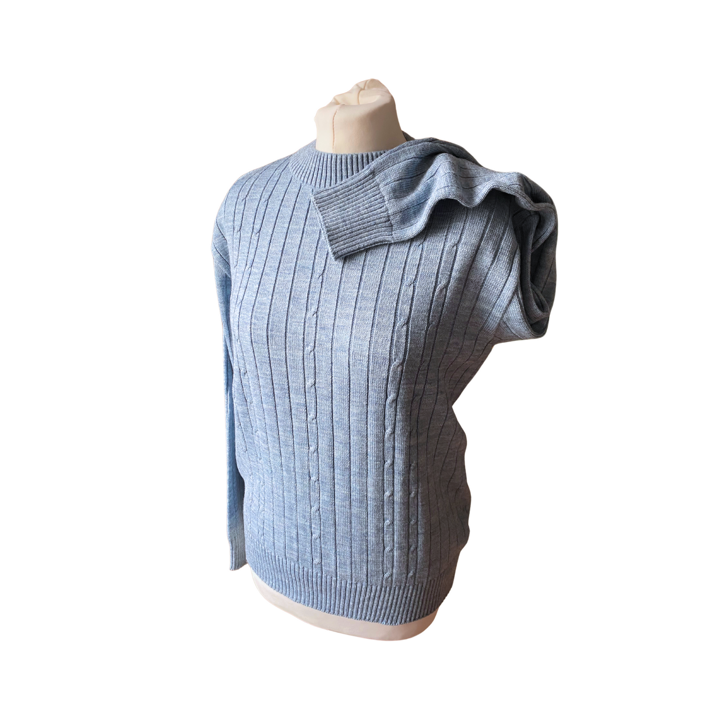 Fine ribbed neckline, cuffs, and hem - classic 70s sweater - shown on female mannequin