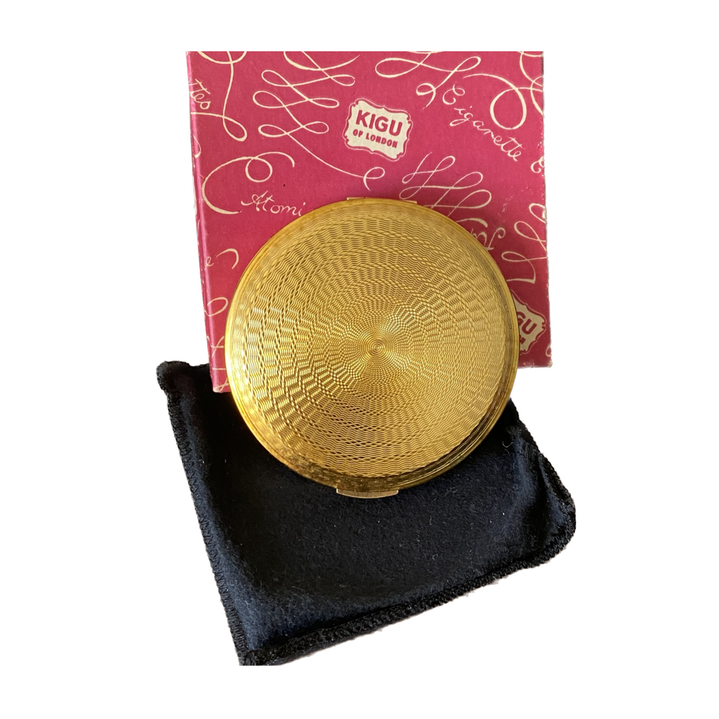 60s gold tone boxed and unused KIGU powder compact
