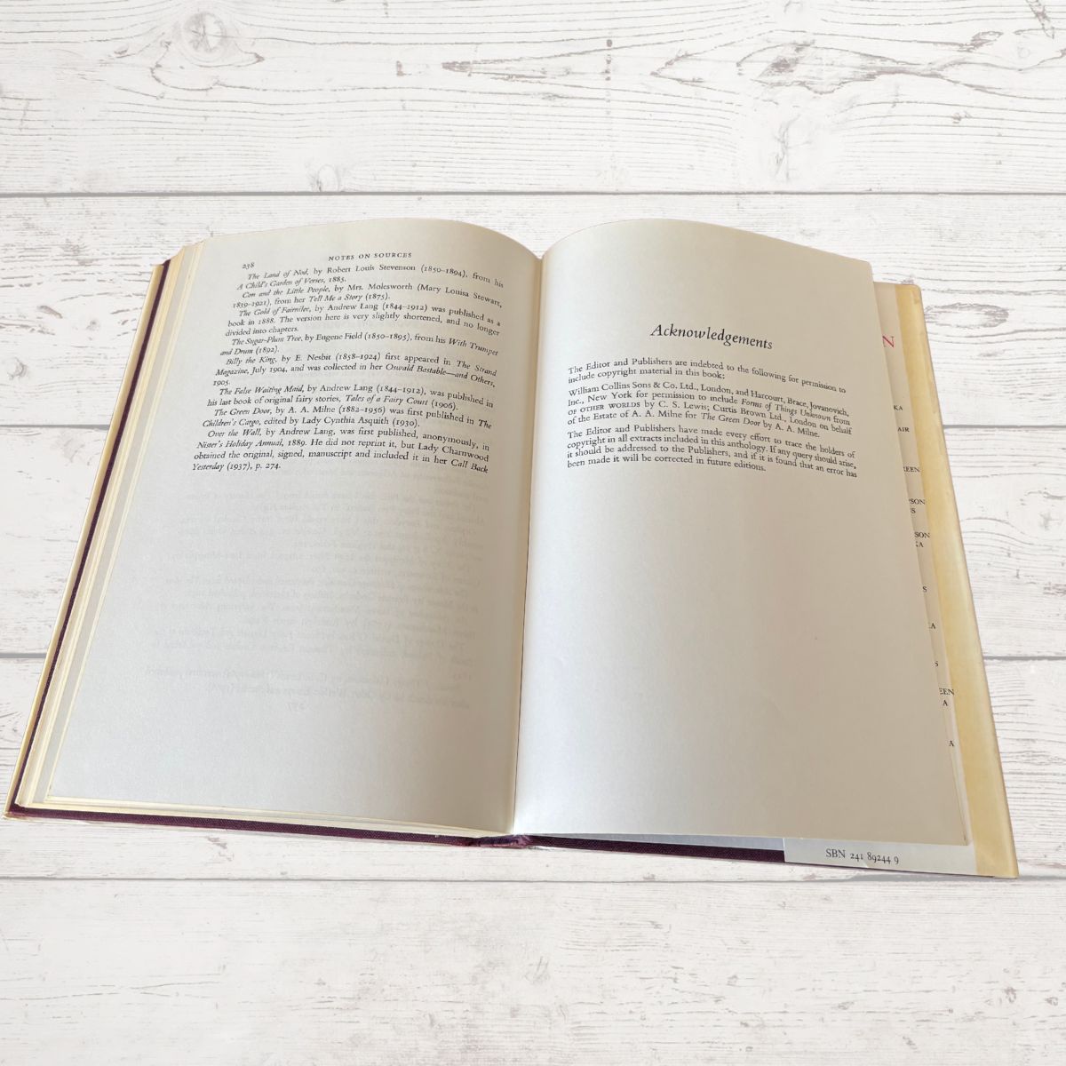An open book with printed text on both pages, resting on a white-painted wooden surface. The right page has a heading reading 'Acknowledgements'.