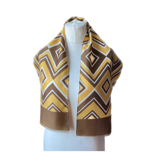 Long brown and yellow geometric print scarf - Versatile accessory for any outfit.