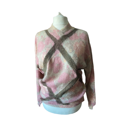 80s pink and brown floral and geometric print mohair blend jumper. Approx UK size 16-20