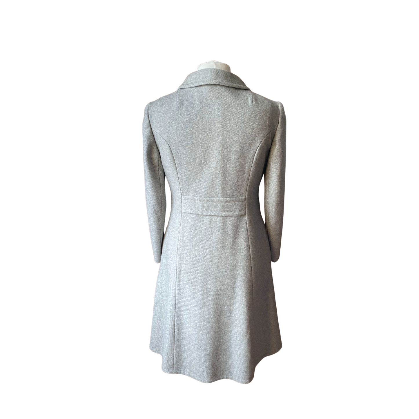 Grey wool 70s vintage coat - Back view showcasing faux belt panel