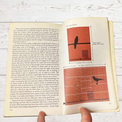 An open book showing printed text and a labeled bird diagram with a red body shape and black measurement markings, photographed against a light marble-like background.