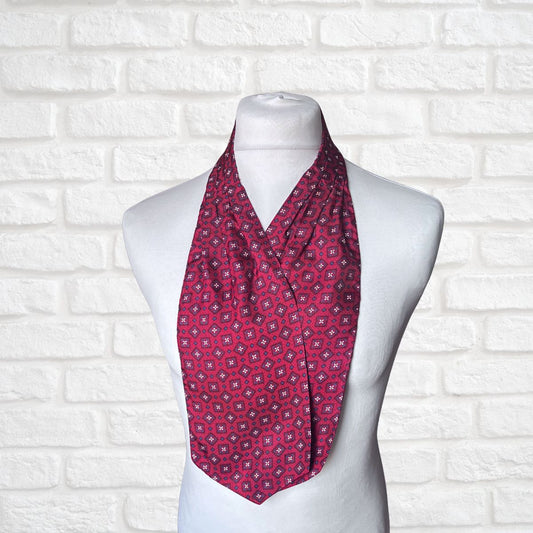 60s Mod Style Red, Blue and White Geometric Floral Print Vintage Cravat
