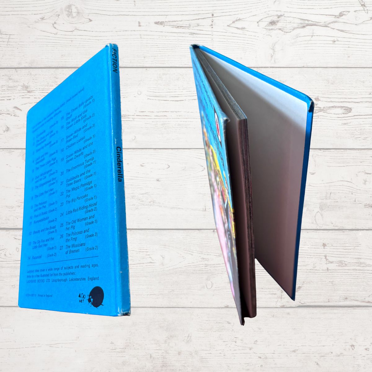 A hardcover book shown from three angles: back cover with printed text, spine, and open pages. The book has a bright blue cover and white pages, displayed against a light wood plank background.