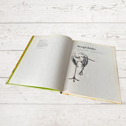 Open book on a wooden surface with illustrations and text