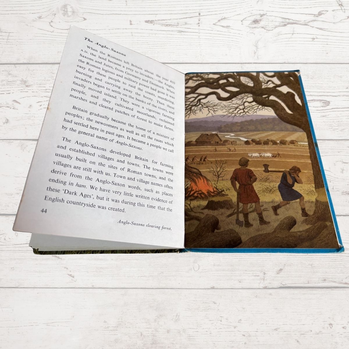 An open children's picture book lying on a white wood surface, showing a printed text page on the left and an illustrated landscape spread on the right with two children walking under a large tree near a campfire.