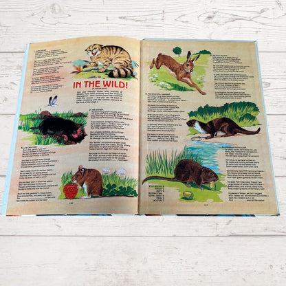 Open book showing pages with illustrations of animals and text on a wooden surface