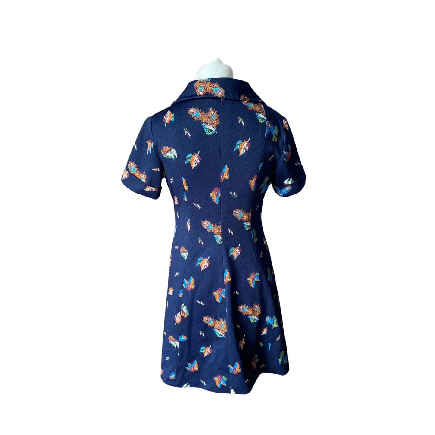 60s A line navy blue, feather print mini dress  Approx UK size 10-12