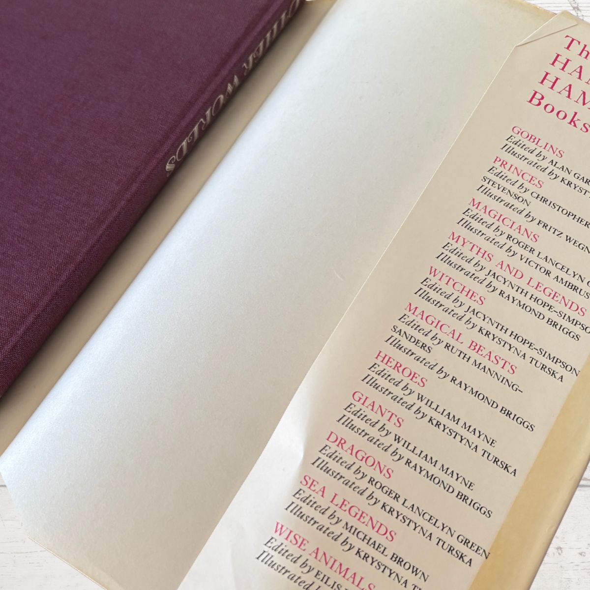 A close-up of a book's interior and cover, showing a cream page with red printed text listing book series and characters, alongside a deep burgundy hardcover partially visible on the left.