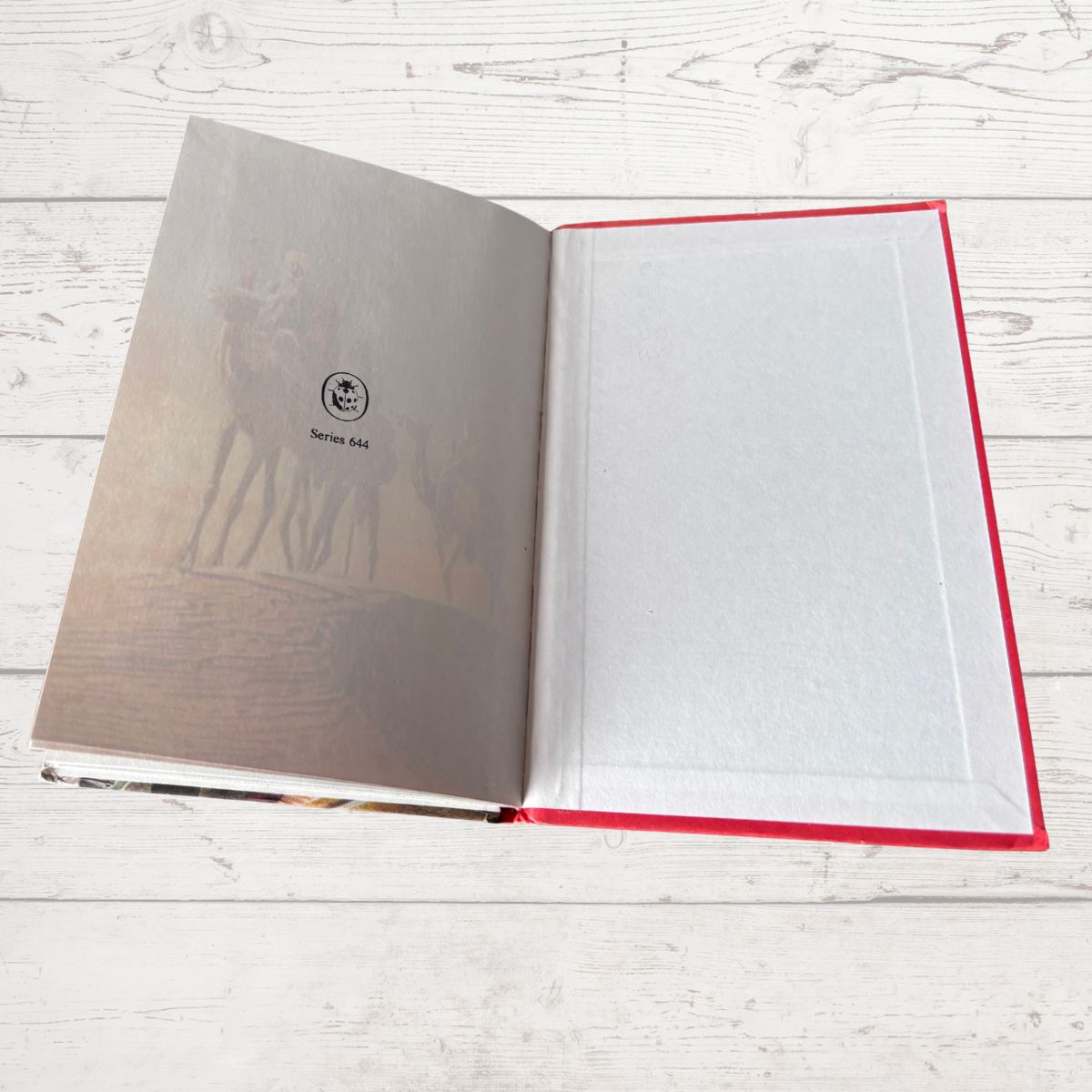An open hardcover book  lying flat on a white wood plank surface. The left page shows a sepia-toned illustration with the text 'Series 666' and a small circular logo, while the right page is blank with a red binding edge visible around the open cover.