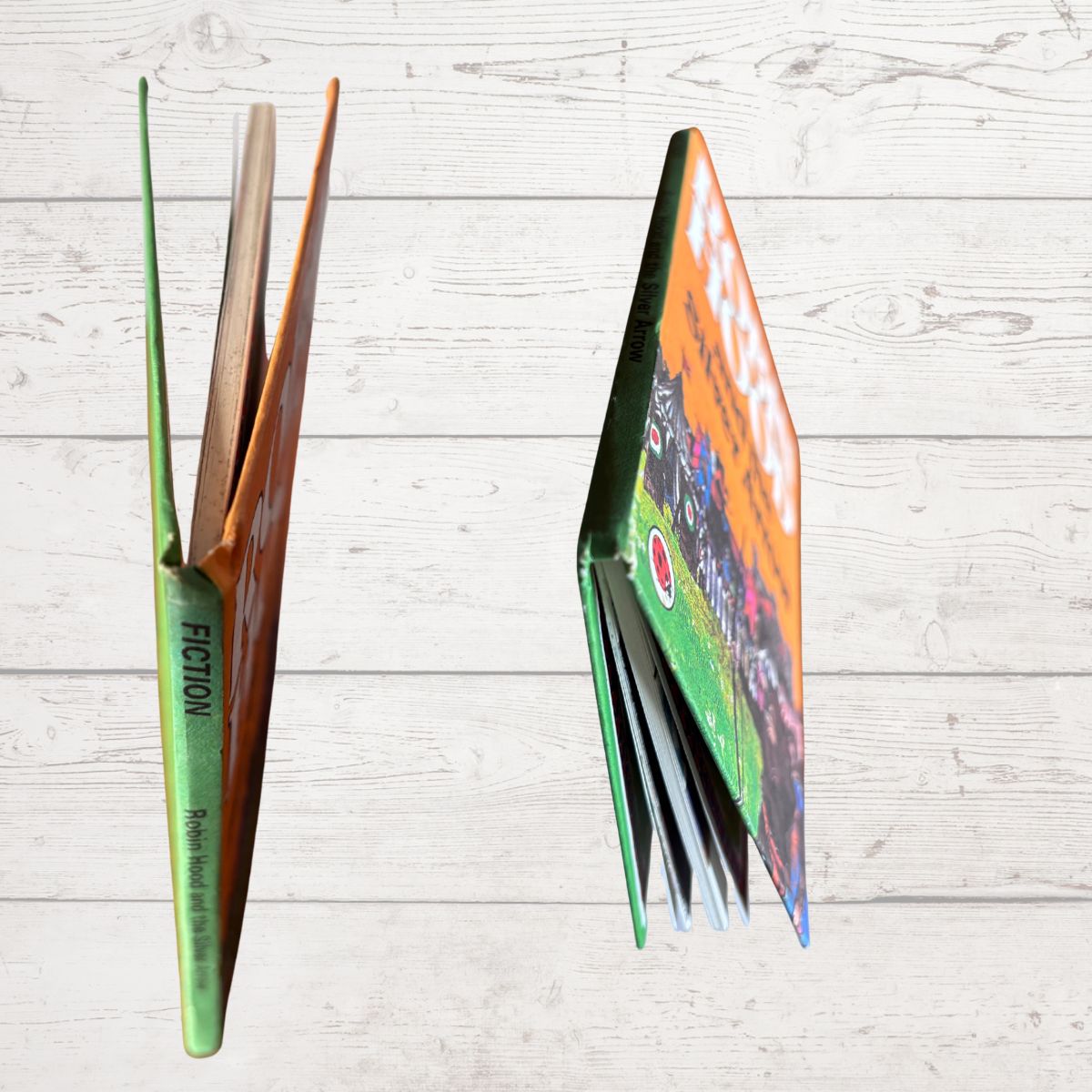 childrens’s  book displayed on a light wood plank background, showing both the front cover and the spine of a book titled 'Fiction'.