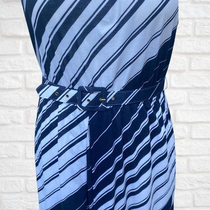 80s Navy Blue and White Striped Cotton Vintage Sundress with Matching Belt. Approx UK size 14-16