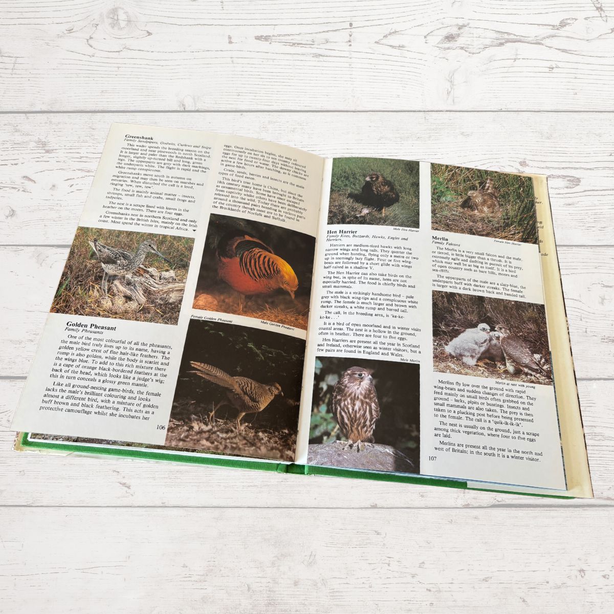 Open book with wildlife photographs and text on a wooden surface