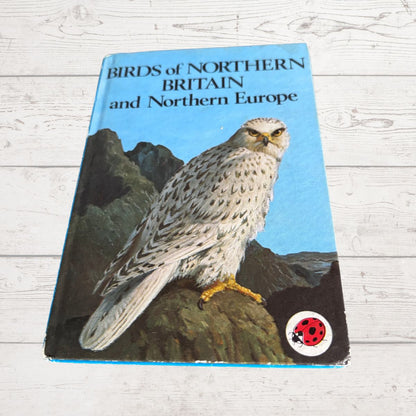Vintage hardcover book titled 'Birds of Northern Britain and Northern Europe' featuring a large illustration of a bird of prey on the cover, photographed on a light wood surface.