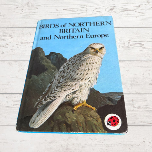 Vintage hardcover book titled 'Birds of Northern Britain and Northern Europe' featuring a large illustration of a bird of prey on the cover, photographed on a light wood surface.