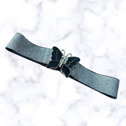Vintage 80s Black and Silver Glitter Stretch Waist Belt with Butterfly Clasp. Approx UK size 6-10